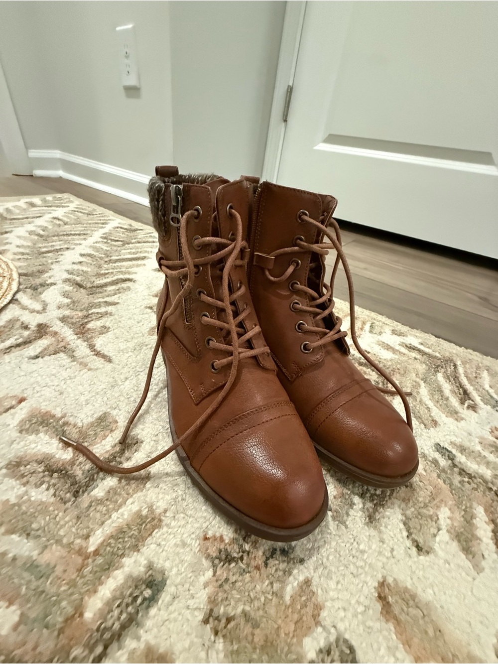 Women's Lace-Up Faux-Fur Ankle Boots in Cognac
